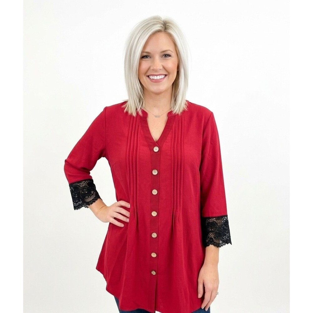 Rosegal Womens Top 2X Red Tunic Pintucks Black Lace Trim Button Pullover Holiday